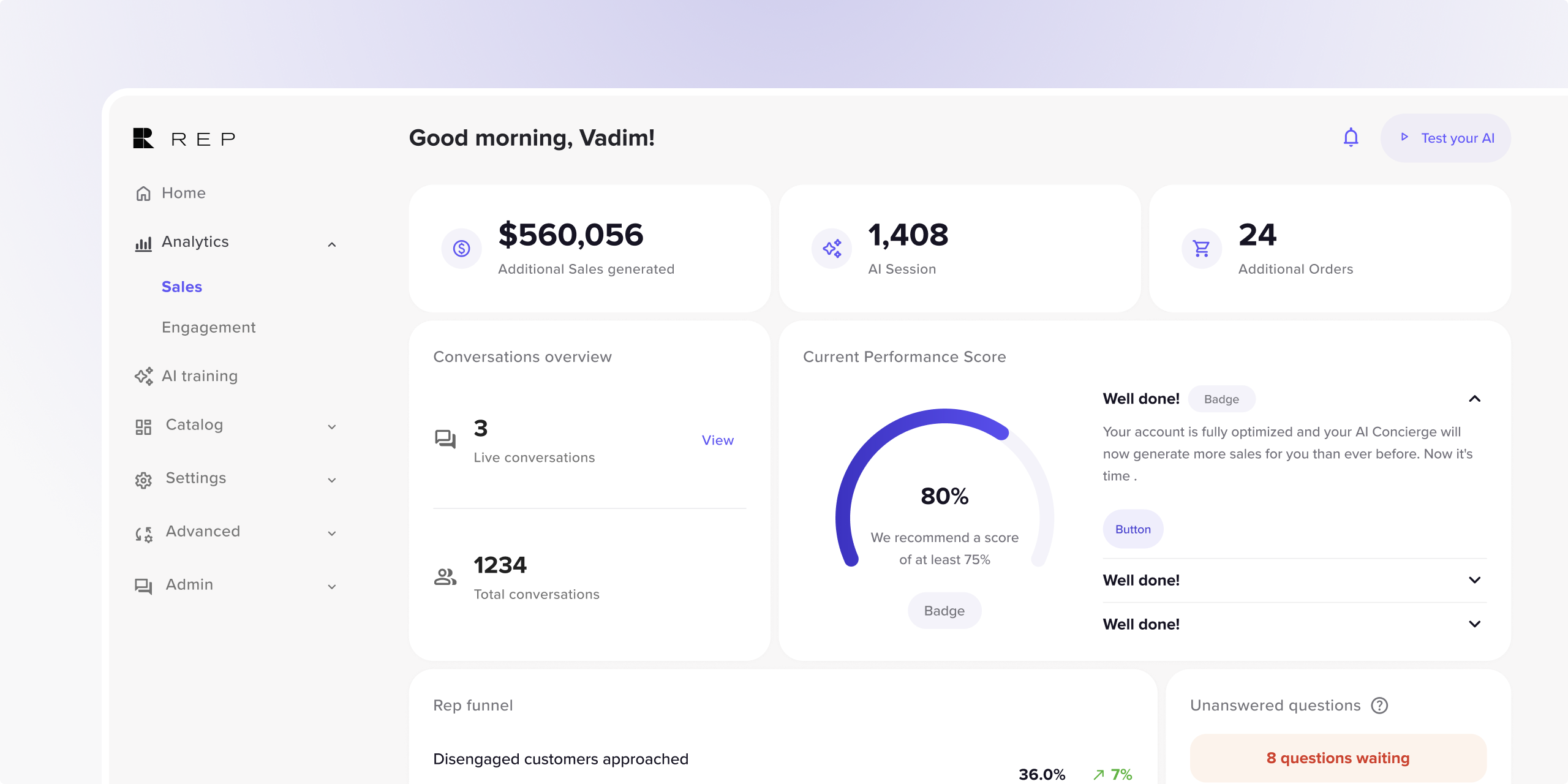 HelloRep platform home screen