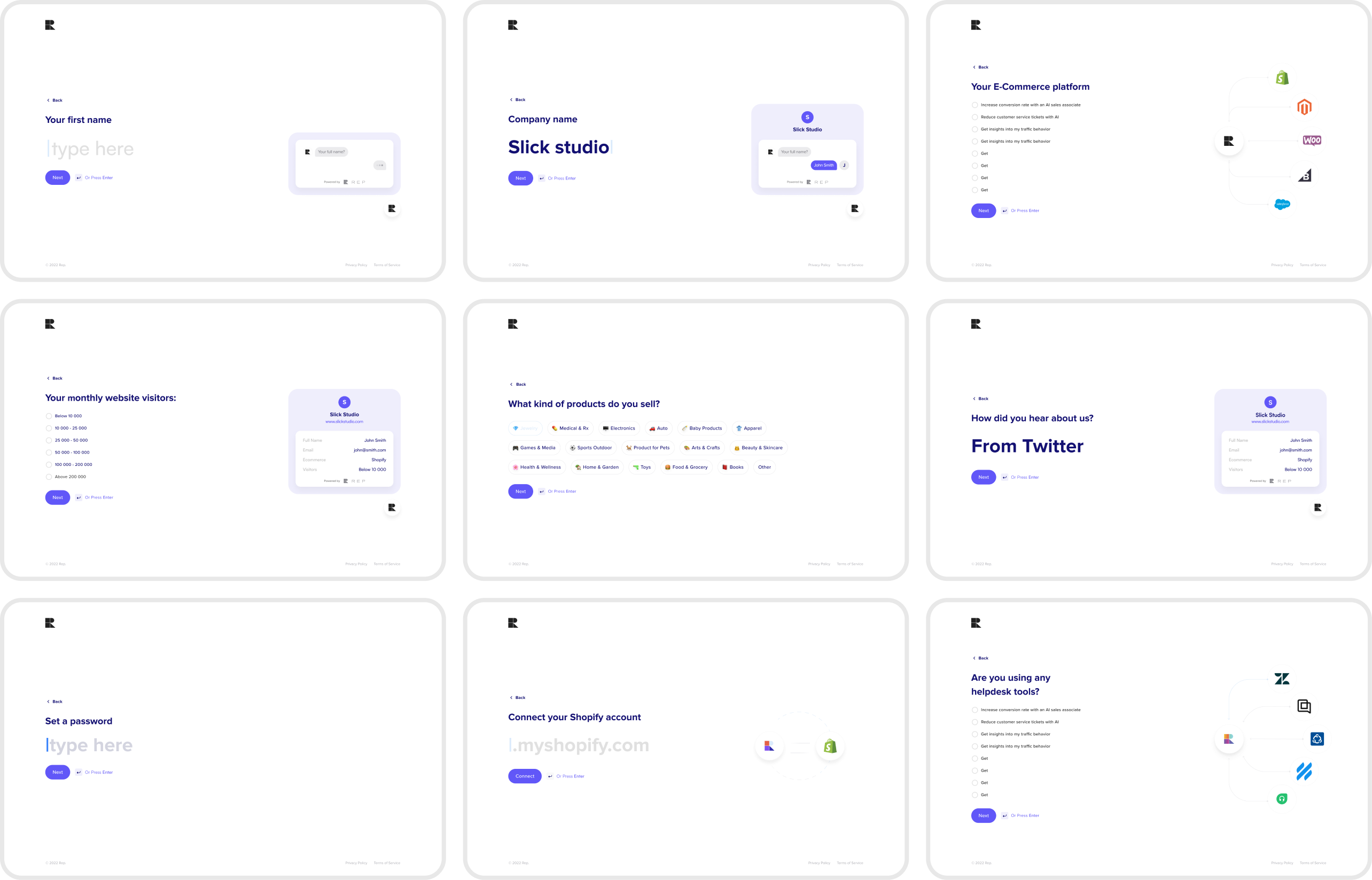 HelloRep onboarding flow screens