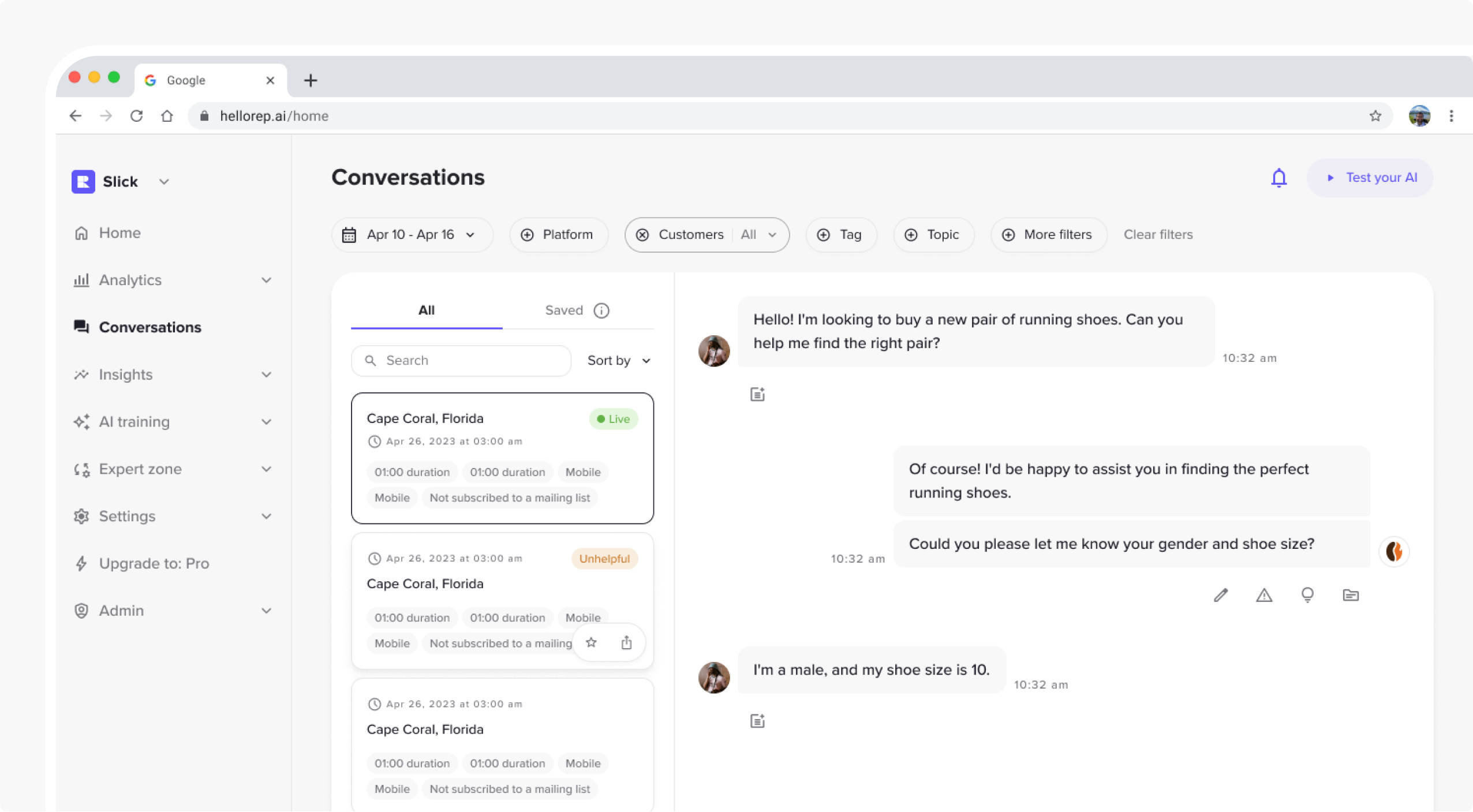 HelloRep Conversations view